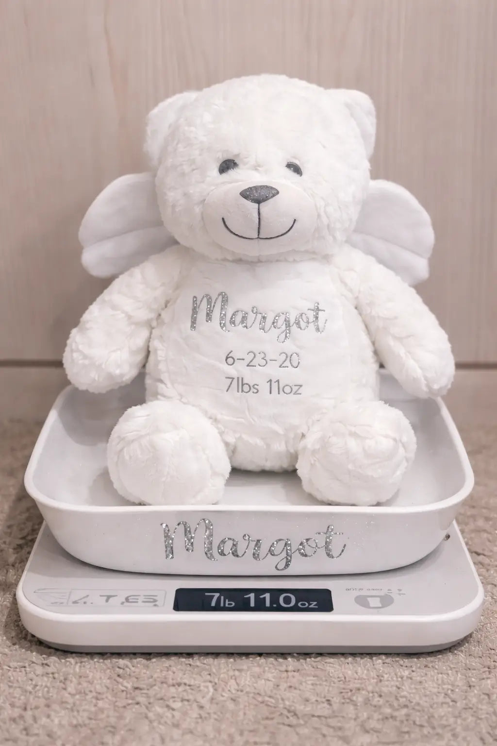 White plush angel teddy bear for angel babies with embroidered birth weight