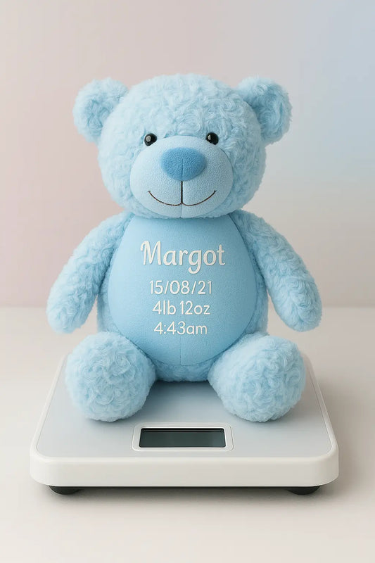 Light blue birth-weight teddy bear with embroidered name and birth details