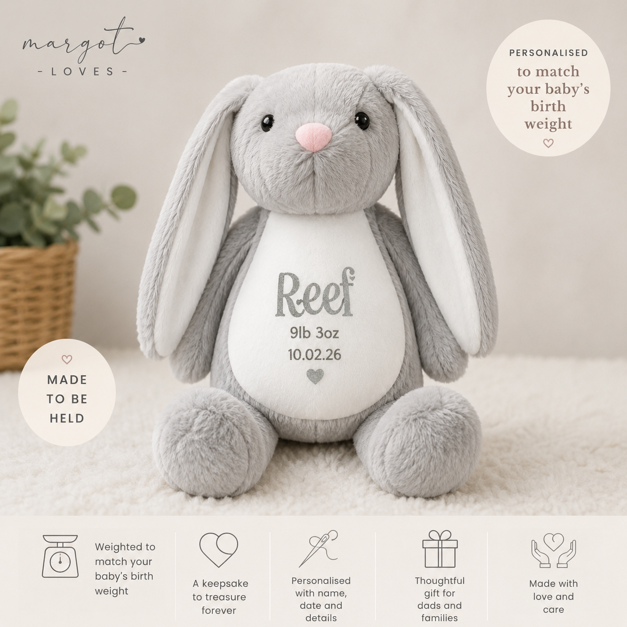Grey Bunny Birth Weight Keepsake | MargotLoves
