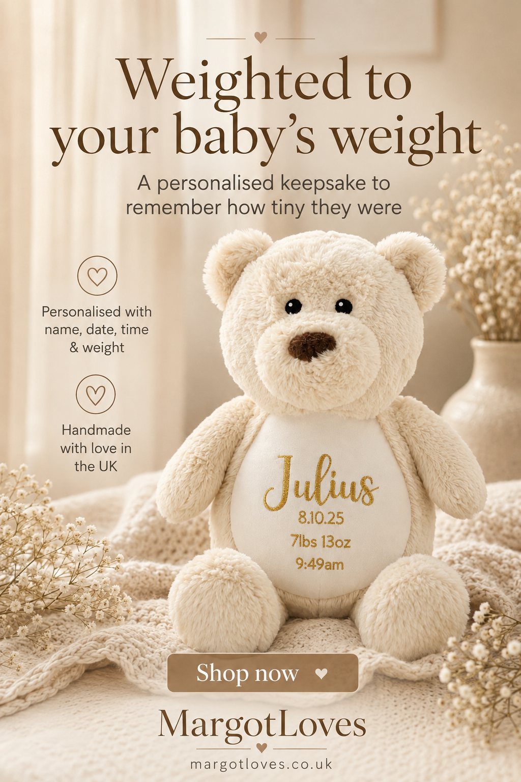 Personalised Beige Birth Weight Bear – Weighted Teddy Keepsake