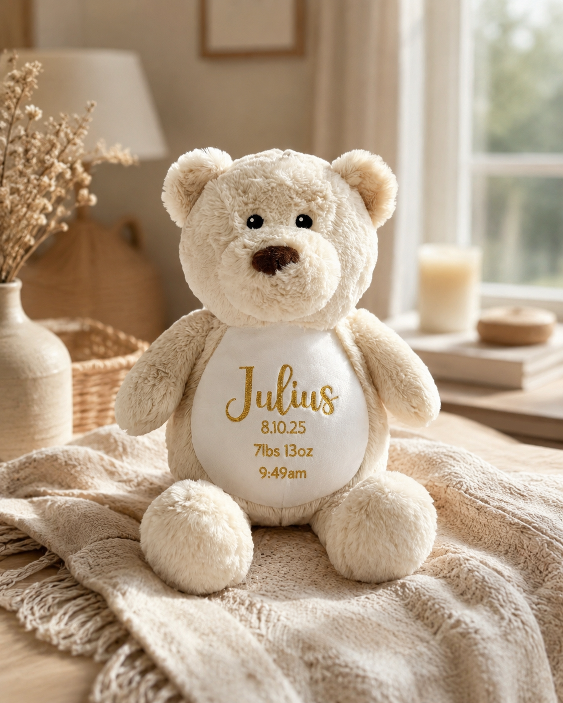 Personalised Beige Birth Weight Bear – Weighted Teddy Keepsake