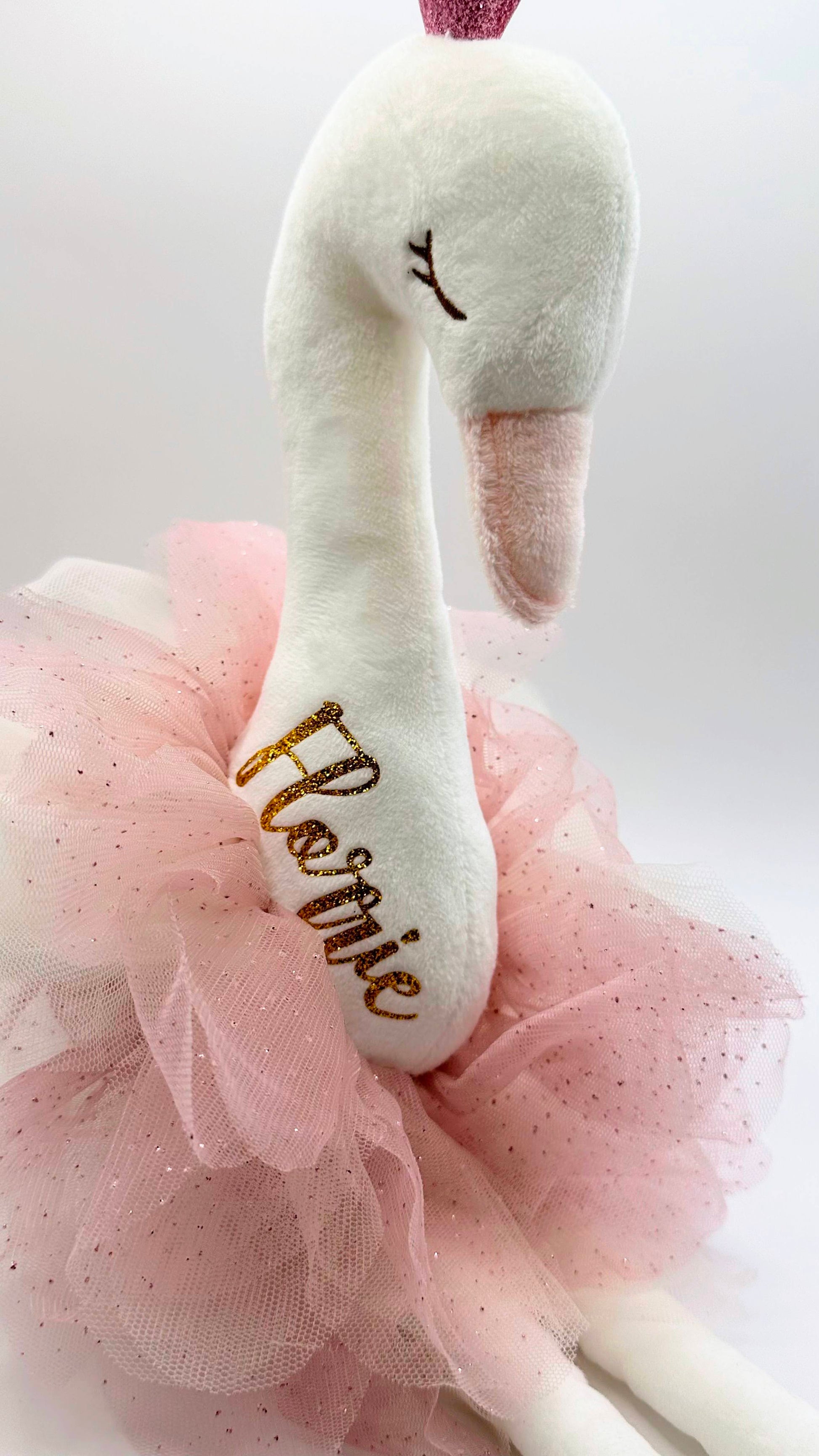 Beloved white swan rag doll in pink tutu with gold name embroidery
