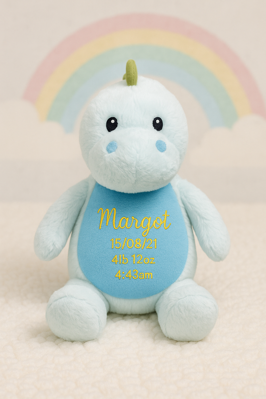 Personalised Birth-Weight Blue Dinosaur – Weighted to Your Baby’s Exact Birth Weight
