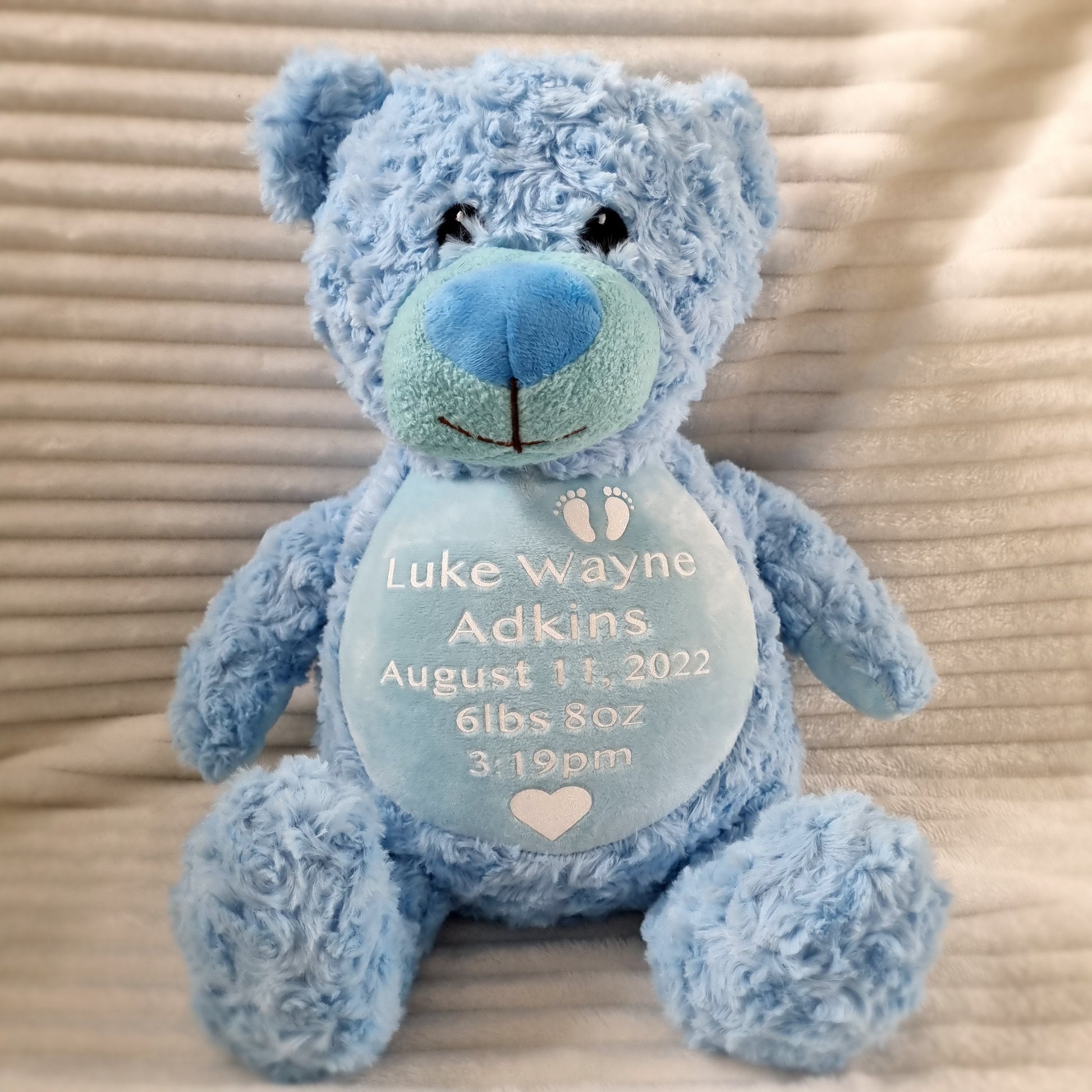 Cherished birth weight blue teddy bear with embroidered personalization