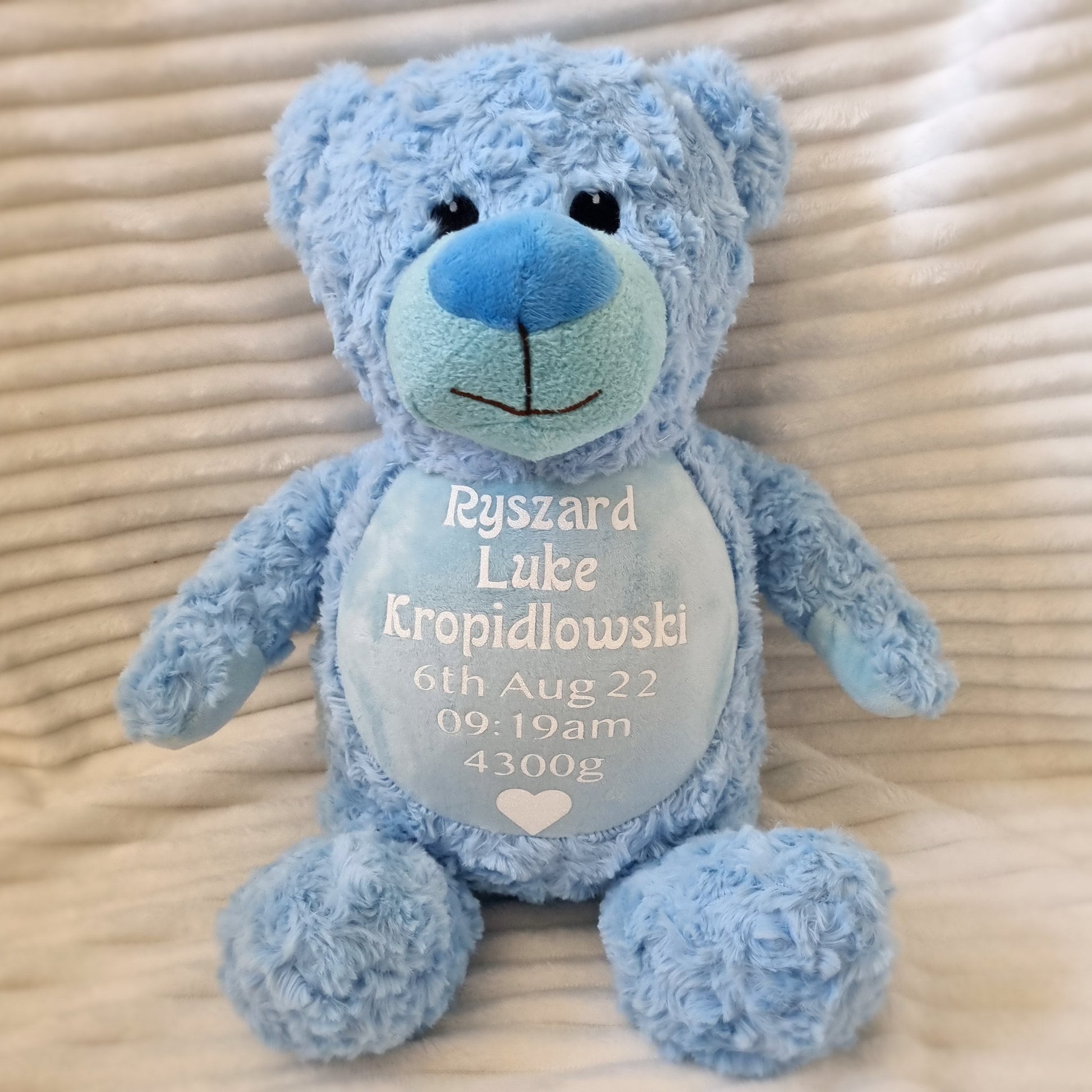 Cherished birth weight blue teddy bear with embroidered nameplate