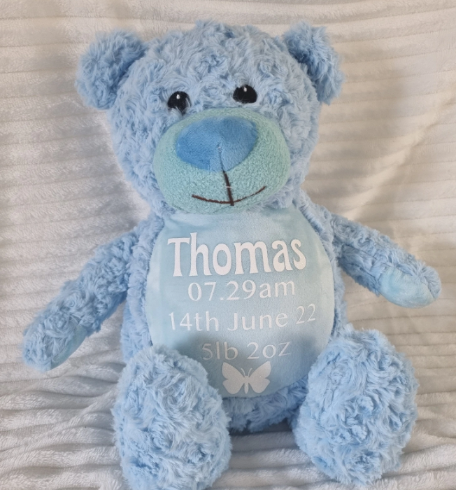 Cherished birth weight blue teddy bear with exact birth weight engraving