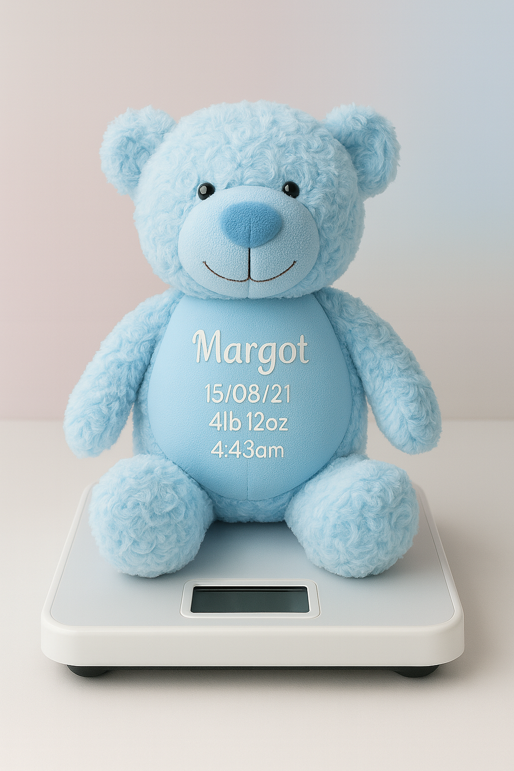 Cherished Birth Weight Blue Teddy Bear with embroidered exact birth weight