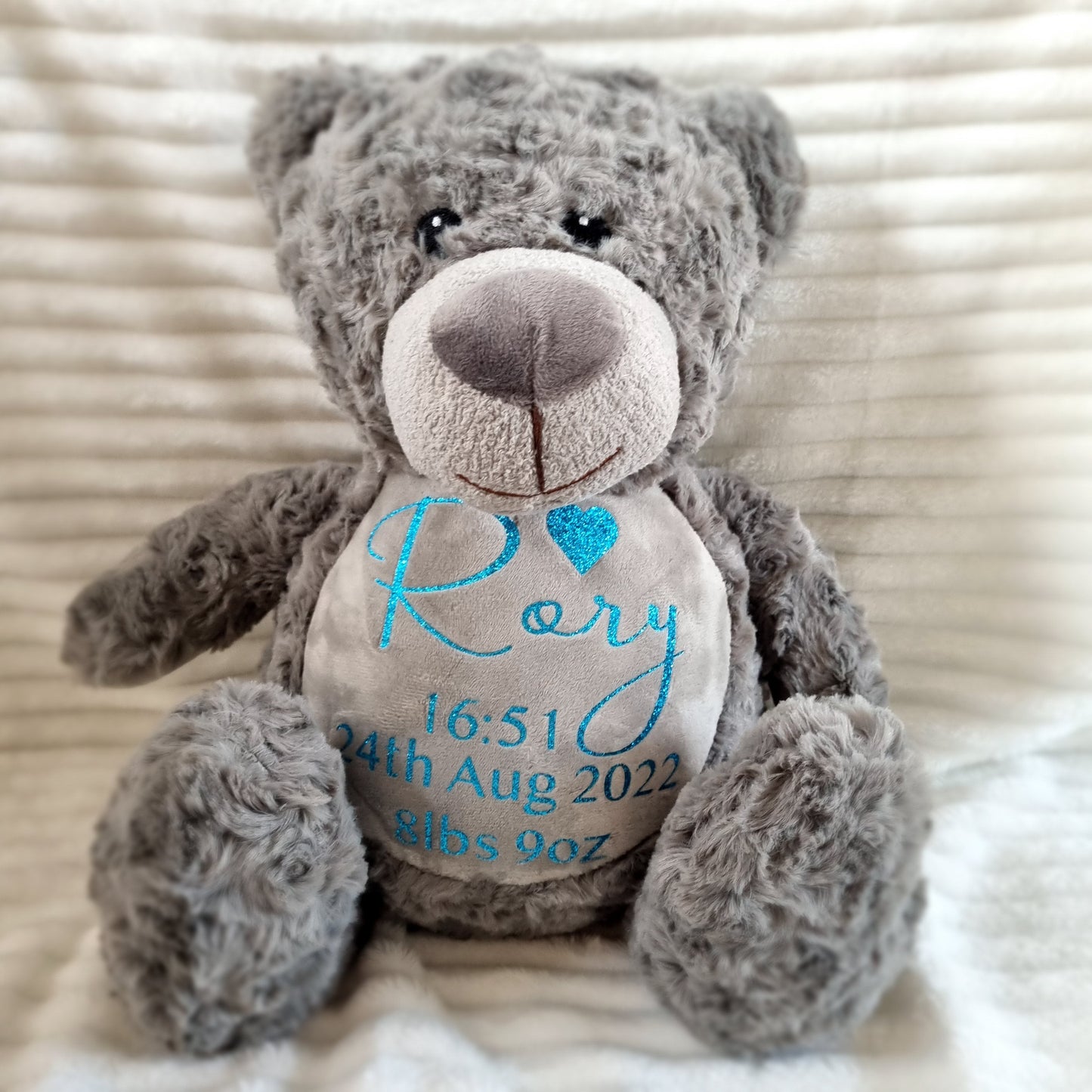 Soft gray birth weight grey teddy bear with embroidered details