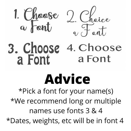 Black cursive font options for custom birth weight grey teddy bear engraving