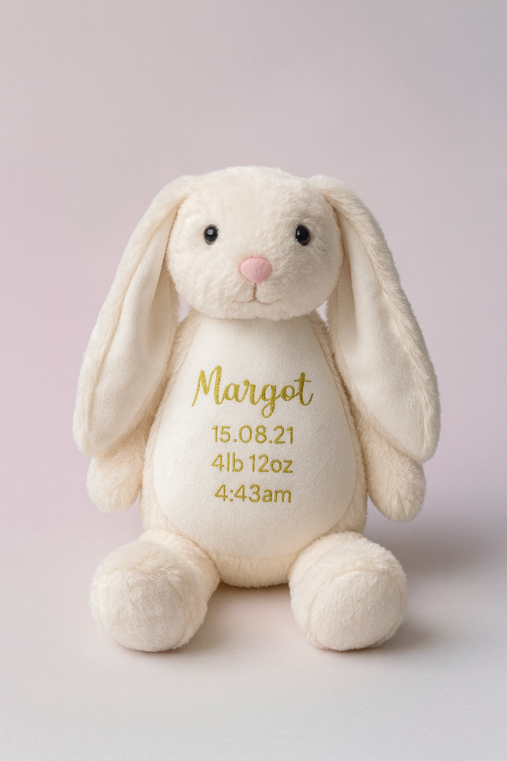 Golden Stitch cream bunny with embroidered birth weight heirloom text