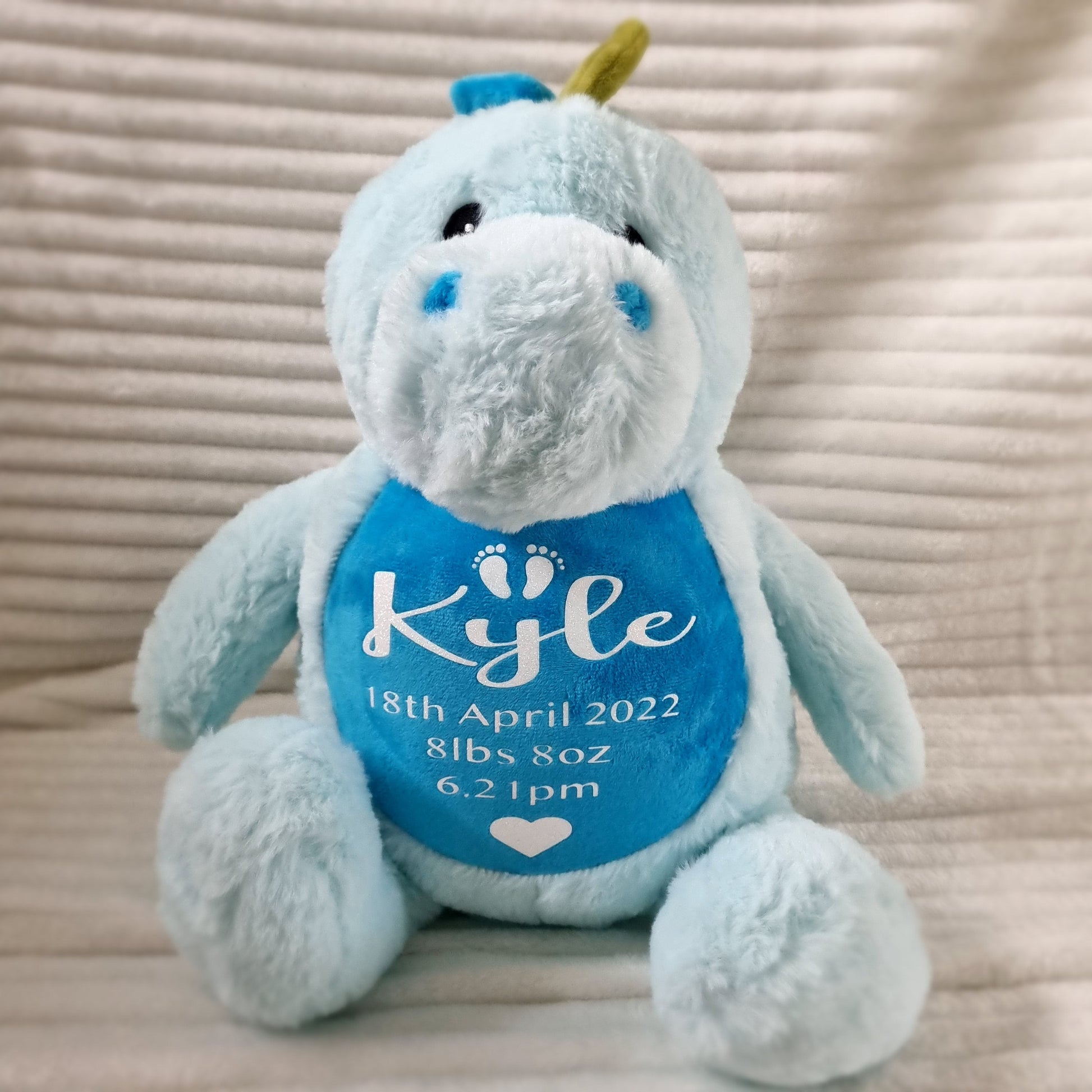 Light blue birth weight blue dino darling with personalized bib for Kyle