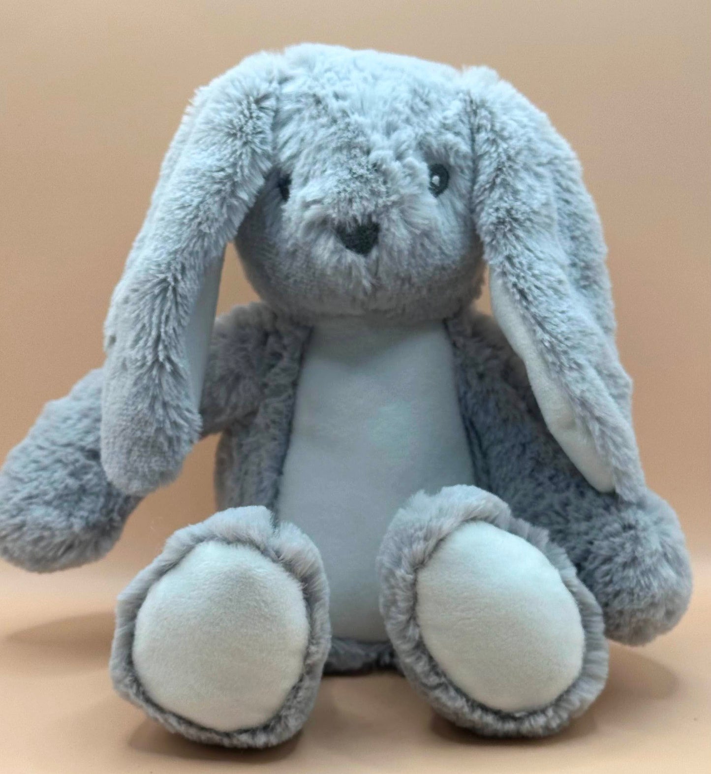 Soft grey bunny plush keepsake with exact birth weight engraving
