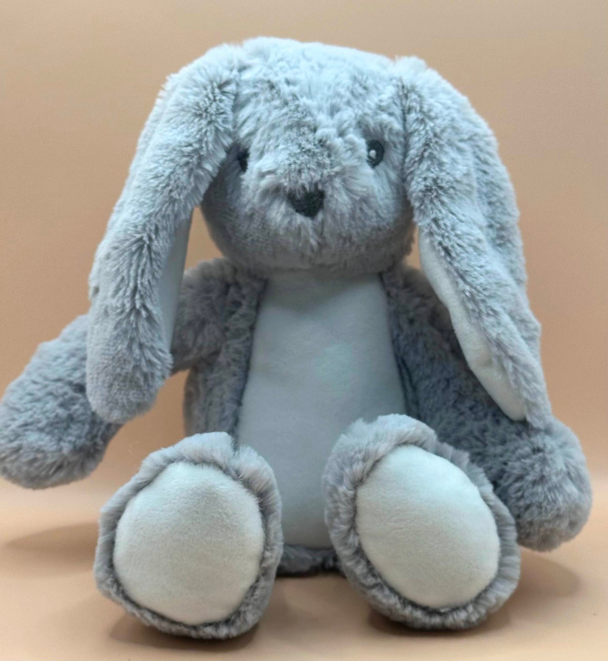 Soft grey bunny plush keepsake with exact birth weight engraving