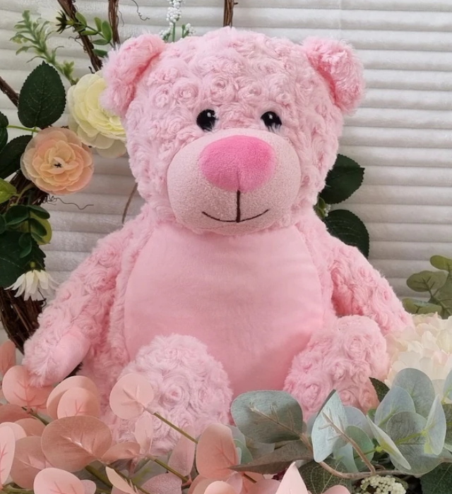 Personalized birth weight pink teddy bear with rose-patterned fur
