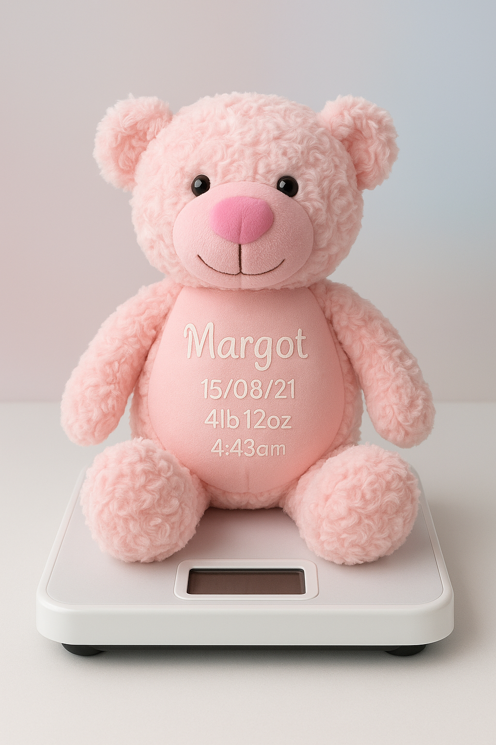 Personalized pink birth weight bear with embroidered name and details